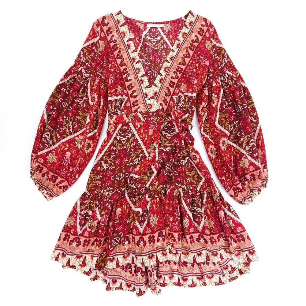 NEW Le Salty Label Hibiscus Balloon Sleeve Wrap Sun Dress Cherry Red Print Boho